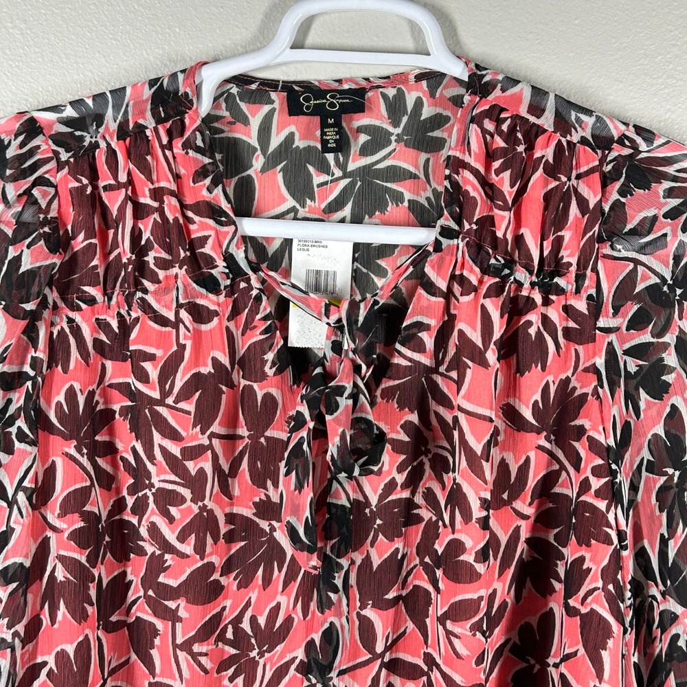 Jessica Simpson Flora Brushes Leslie Pink Black Floral Tie Neck Blouse Medium